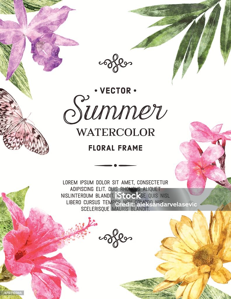 Watercolor Floral Frame Summer watercolor floral frame with butterfly. File is layered.High res jpeg without text included.More works like this linked below.http://www.myimagelinks.com/Lightboxes/summer_2_files/shapeimage_2.png Watercolor Painting stock vector