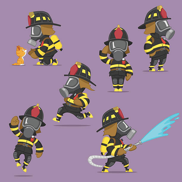 Fire A set of cheerful firefighters. Funny characters in different situations. Vector illustration. person oxygen tank stock illustrations