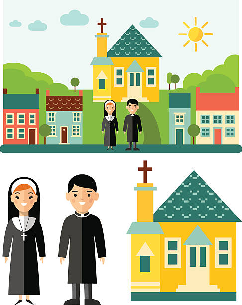 ilustraciones, imágenes clip art, dibujos animados e iconos de stock de conjunto de imágenes, iglesia sacerdote y paisaje con el concepto de religión - nun praying clergy women