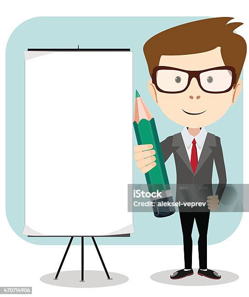 Businessman With A Poster And Pencil Vector Illustration Stock Illustration - Download Image Now