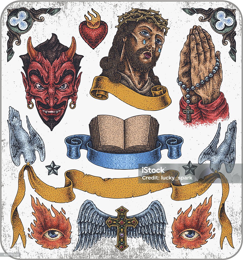 Disegnati a mano set di tatuaggi religioso. - arte vettoriale royalty-free di Simbolo di cuore