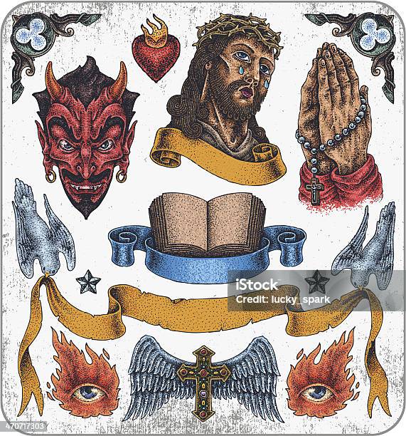 Disegnati A Mano Set Di Tatuaggi Religioso - Immagini vettoriali stock e altre immagini di Simbolo di cuore - Simbolo di cuore, Tatuaggio, Gesù Cristo
