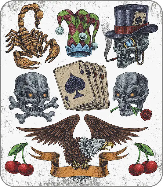 Vector illustration of Hand-drawn set of old school gambling collection.