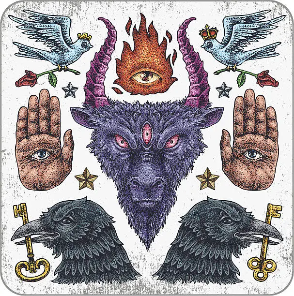 Vector illustration of Hand-drawn hell set of old school tattoo collection.
