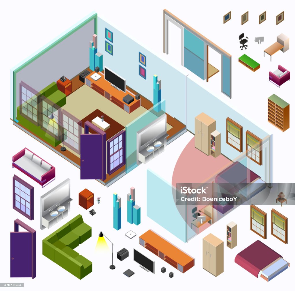 Isometric Home Planning. 3D Vector Creation Kit detailed vector illustration Office stock vector