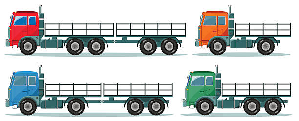 Long truck with cargo goes to the warehouse, vector illustration Long truck picked products from the factory to the warehouse and rides film trailer music stock illustrations