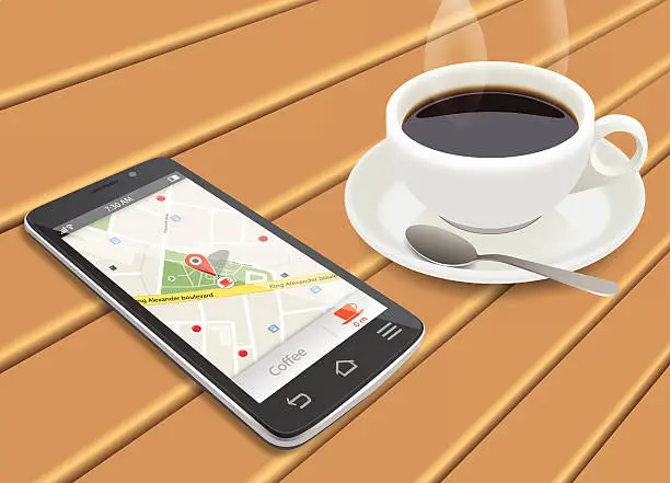 Vector illustration of smart phone with navigation and cup of coffee