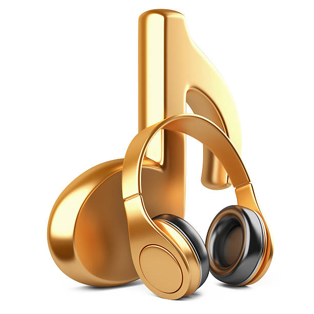 Gold music note and headphones isolated on white