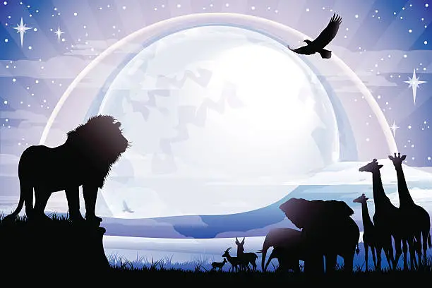Vector illustration of African Lion, Elephants, Giraffes and Antelopes silhouettes safari at night