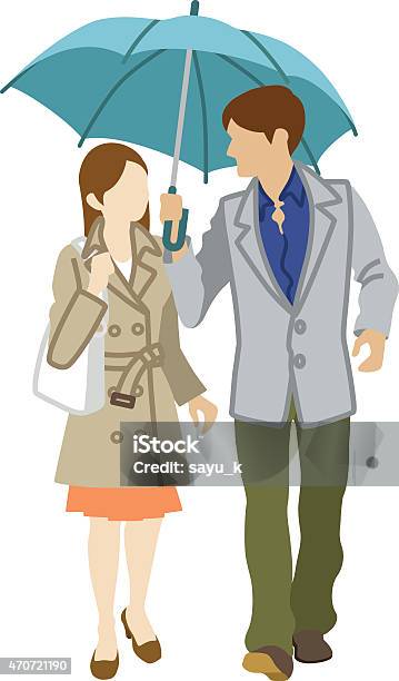 Couple Sharing An Umbrellafront Viewisolated Stock Illustration - Download Image Now - 2015, Adult, Adults Only