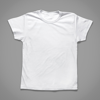 White Children T-Shirt whit Clipping Path, isolated on grey background.