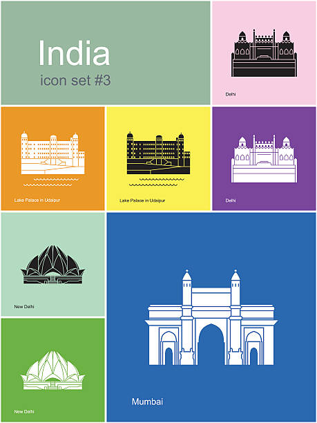 Icons of India Landmarks of India. Set of color icons in Metro style. Editable vector illustration. lake palace stock illustrations
