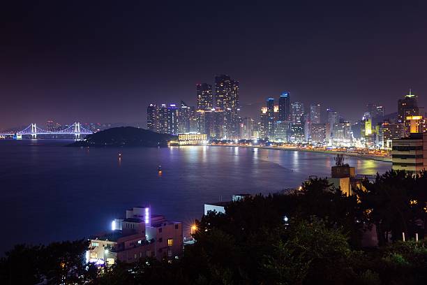 vue de nuit de la ville de busan, corée du sud. - korean peninsula photos et images de collection