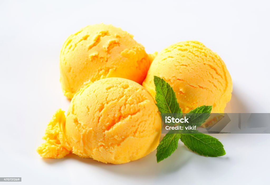 Scoops of mango sorbet Scoops of yellow ice cream on a plate Mango Ice Cream Stock Photo