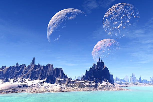 istock 3D rendered fantasy alien planet. Rocks and lake 470735146