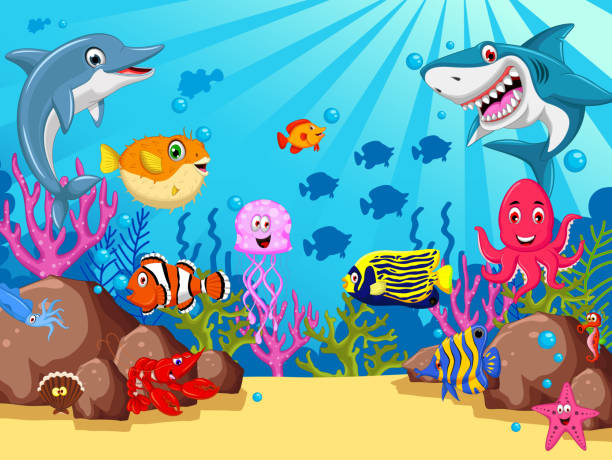 satz von meer tiere comic - starfish underwater sea fish stock-grafiken, -clipart, -cartoons und -symbole