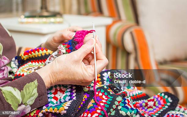 Hands Of Woman Knitting A Vintage Wool Quilt Stock Photo - Download Image Now - Active Seniors, Adult, Adults Only