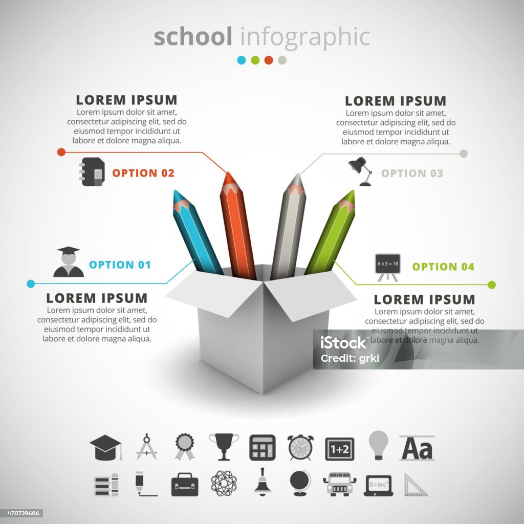 School Infographic Vector illustration of school infographic made of colorful pencils and box. 2015 stock vector