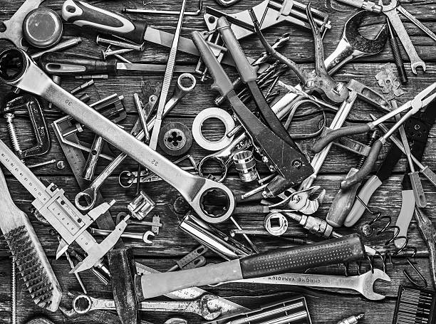 istock Set of different tools on wooden background, bw photo 470740108