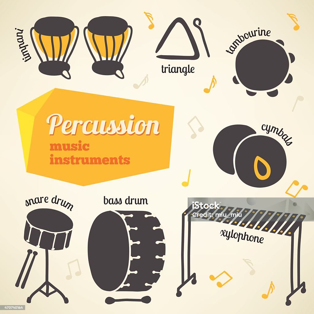 Vector collection of percussion music instruments Timpani, Triangle, Tambourine, Cymbals, Snare Drum, Bass Drum, Xylophone Snare Drum stock vector