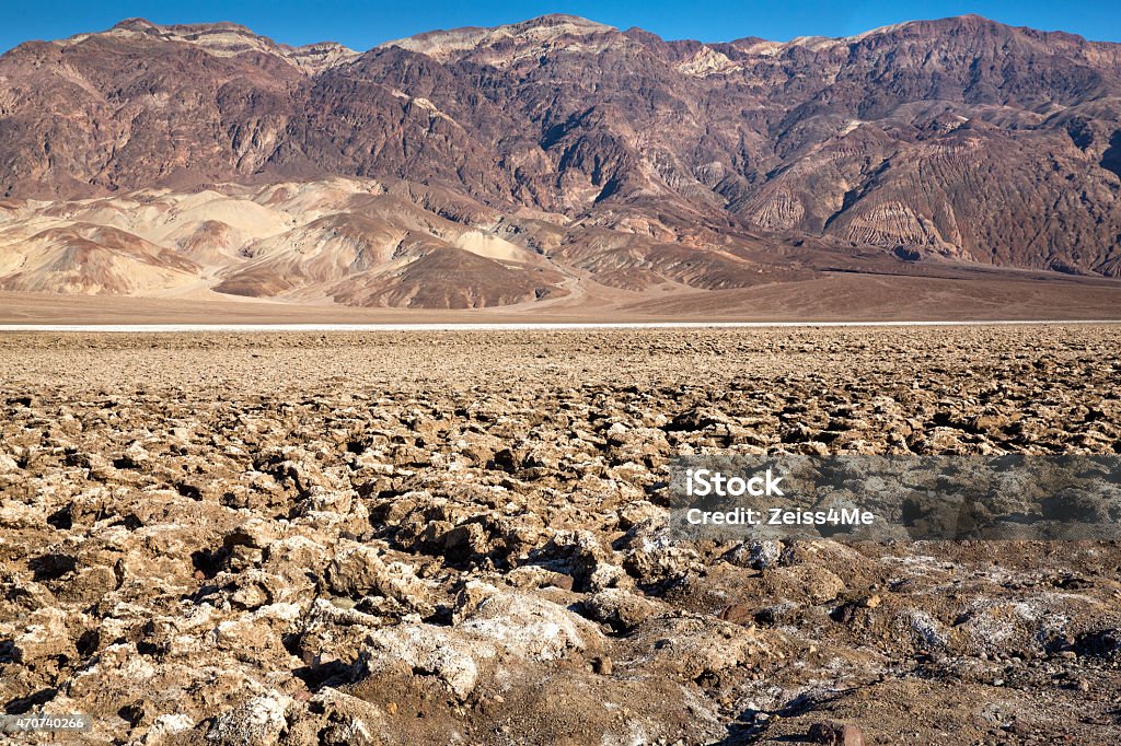 Parched desert floor in Death Valley Death Valley National Park is a fascinating place. This is a very arid, dry part of the world which has a beauty of its own. The landscape is very stark as you can see Desert Area Stock Photo