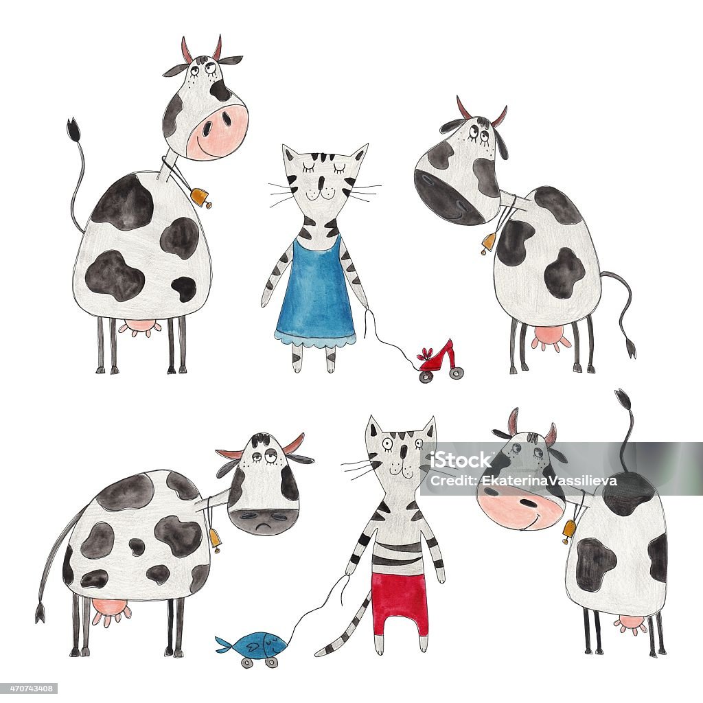 cartoon characters over white Watercolors on paper Cow stock illustration