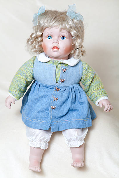istock Blue-eyed girl doll sitting on soft light background 470743526