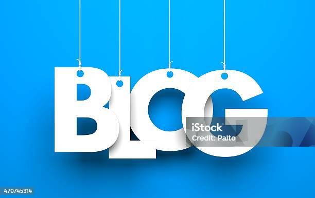 White Word Blog Suspended By Ropes On Blue Background Stock Photo - Download Image Now