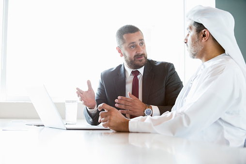A photo of Middle Eastern and Arab businessmen in discussion. They are with laptop. Professional is in suit and colleague is wearing traditional Emirati clothes. Both are sitting at conference table, in a brightly lit office with window behind.