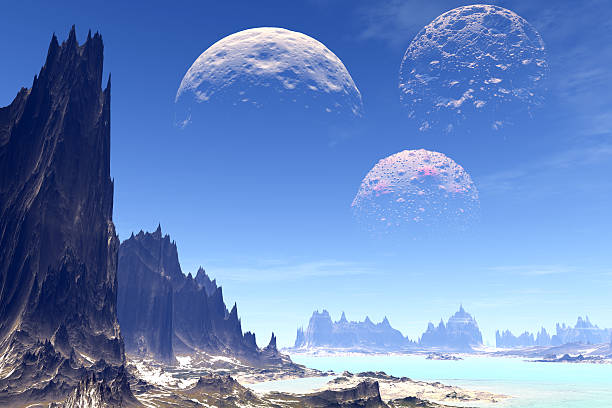 istock 3D rendered fantasy alien planet. Rocks and lake 470748108