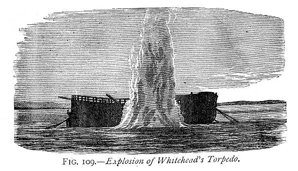 Explosion of Whitehead's Torpedo Vintage engraving of a torpedo exploding a ship. 1884 sinking ship pictures pictures stock illustrations