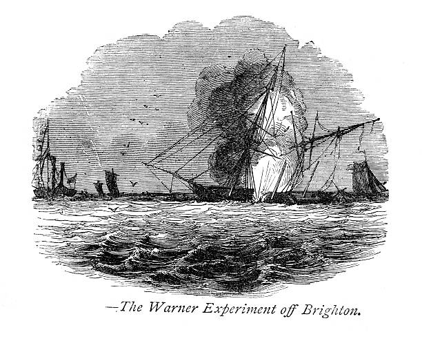 The Warner experiment Vintage engraving of The Warner experiment off Brighton. Testing Naval Weapons. 1884 sinking ship pictures pictures stock illustrations