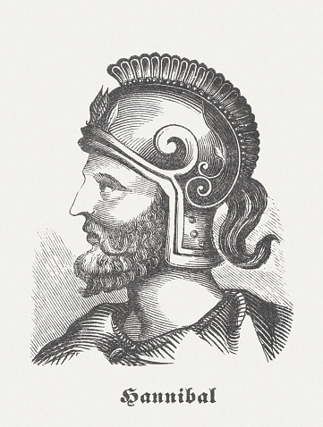 Hannibal, also Hannibal Barca (c. 247 BC - 183 BC) is considered as one of the greatest generals of antiquity. During the Second Punic War (218-201 BC), he added the Roman Empire to several heavy defeats. Woodcut engraving, published in 1864.