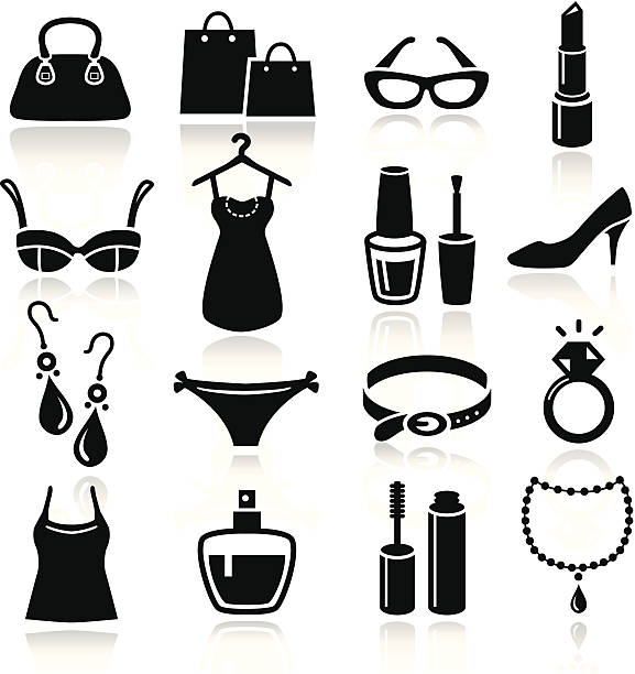 ilustraciones, imágenes clip art, dibujos animados e iconos de stock de mujer compras iconos - getting dressed illustrations