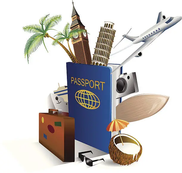 Vector illustration of International passport and elements of travel, attractions.