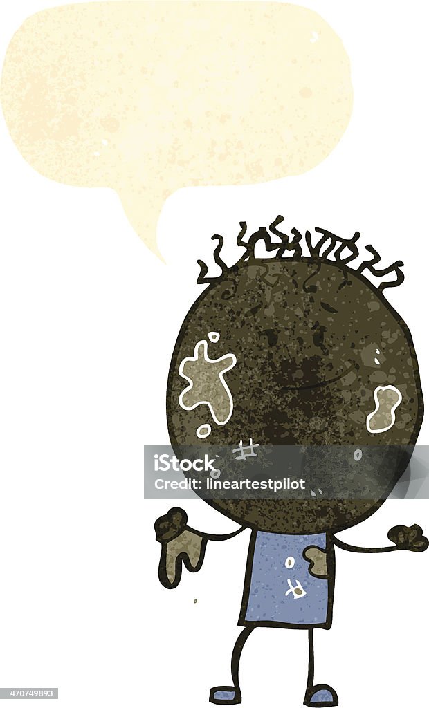 retro cartoon boy covered in mud with speech bubble Retro cartoon with texture. Isolated on White. Mud stock vector