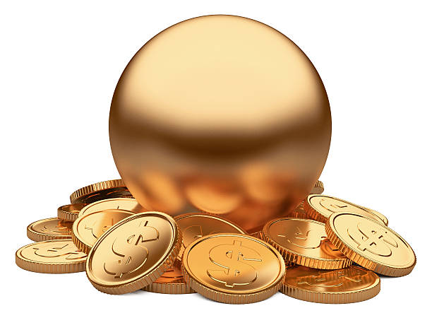 istock Gold coins and sphere isolated on white background 470750589