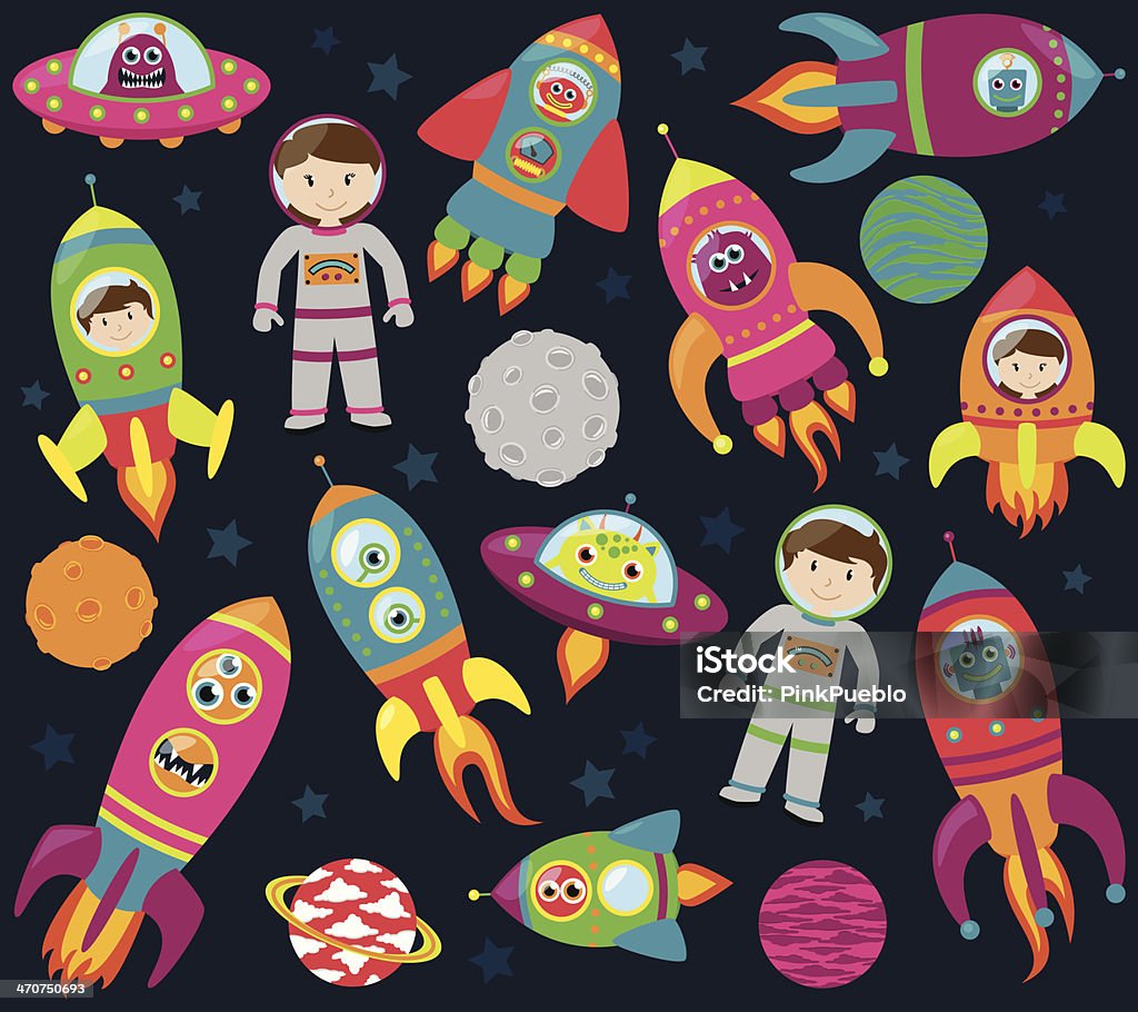 Vector Collection of Cartoon Rocketships, Alients, Robots, Astronauts and Planets Vector Collection of Cartoon Rocketships, Alients, Robots, Astronauts and Planets. No transparencies or gradients used. Large JPG included. Each element is individually grouped for easy editing. Child stock vector