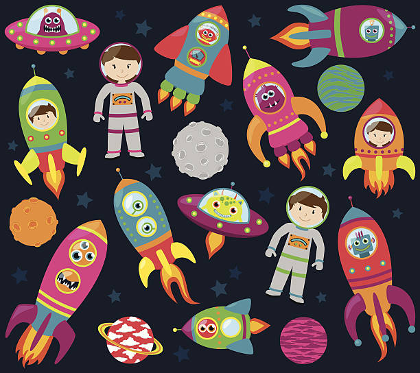 Vector Collection of Cartoon Rocketships, Alients, Robots, Astronauts and Planets Vector Collection of Cartoon Rocketships, Alients, Robots, Astronauts and Planets. No transparencies or gradients used. Large JPG included. Each element is individually grouped for easy editing. astronaut backgrounds stock illustrations