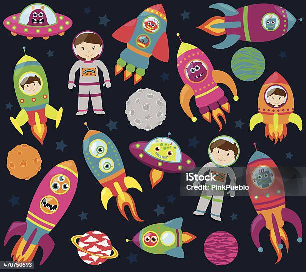 Vector Collection Of Cartoon Rocketships Alients Robots Astronauts And Planets Stock Illustration - Download Image Now