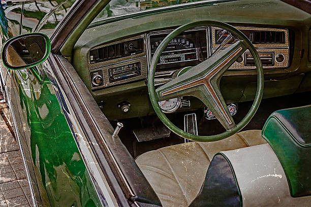 istock Old postcard with driver's cockpit of a vintage classic car 470751536