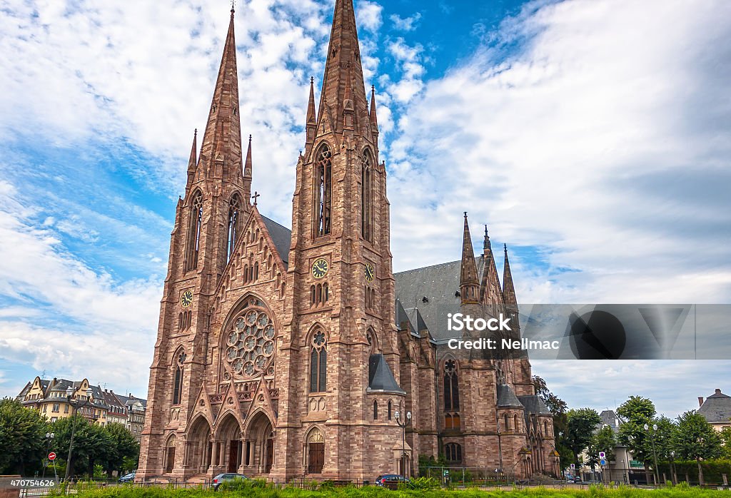 View on the St. Paul Church from Ill river, Strasbourg View on the St. Paul Church from Ill river in Strasbourg, Alsace, France 2015 Stock Photo