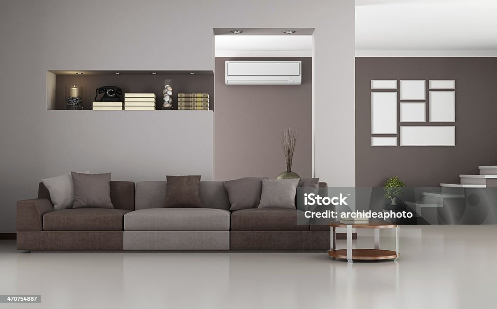 Beige and brown modern living room Beige and brown modern living room with staircase and air conditioner - rendering Air Conditioner Stock Photo