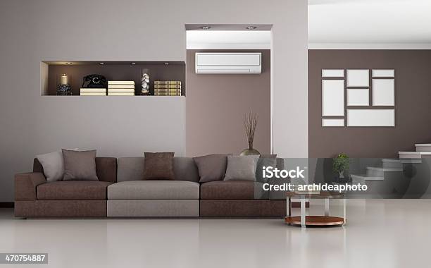 Beige And Brown Modern Living Room Stock Photo - Download Image Now - Air Conditioner, Beige, Book