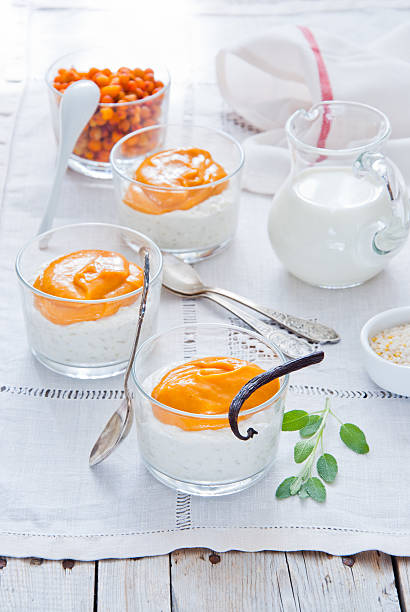 istock Rice pudding with sea buckthorn custard 470755986