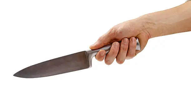 Photo of knife in a hand isolated on white