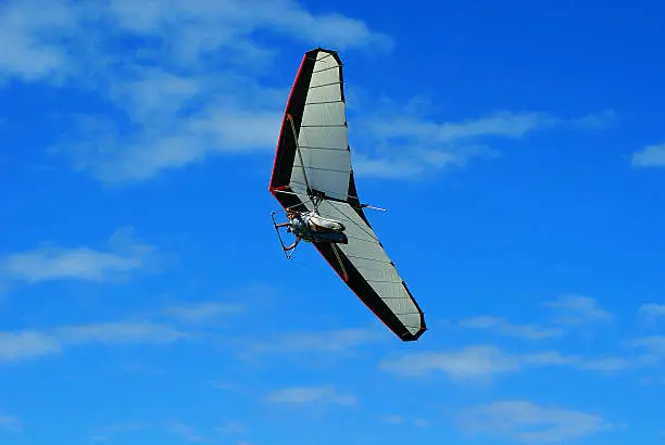 A picture of two persons launched into the air on a hang glider.