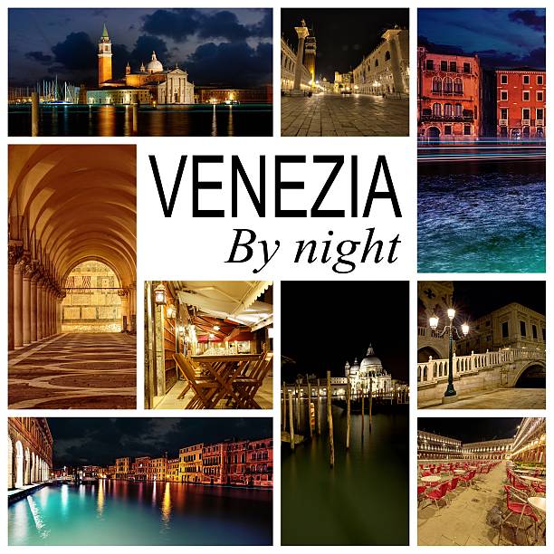 venice street at night people are walking and move horizontal photo