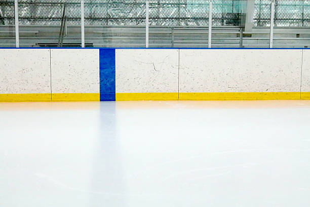 linha azul, quadros e suporte em uma pista de hóquei no gelo - hockey rink imagens e fotografias de stock