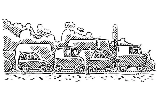 Vector illustration of Traffic Jam Side View Drawing